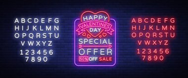Sevgililer günü bir öneridir neon tarzı banner şablon. Neon tabela, afiş tasarımı bir mağaza, parlak afiş, parlak Neon reklam, Flyer, kartpostal, broşür için. Vektör. Metin neon işareti düzenleme