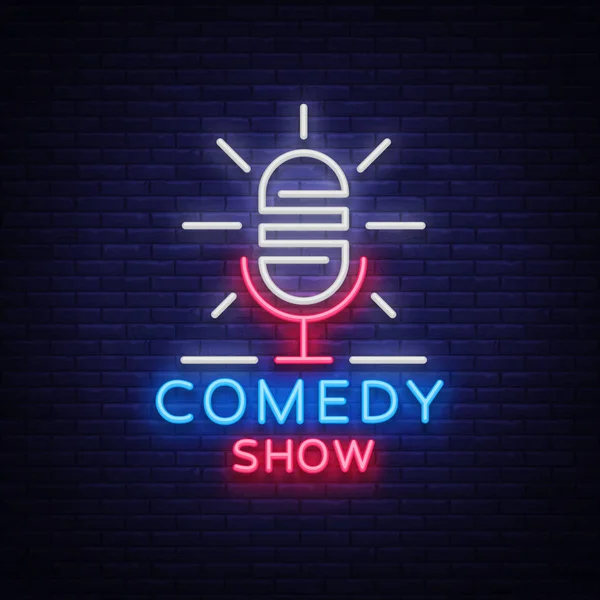 Komedi Stand Up Show bir neon tabela davettir. Logo, amblem parlak el ilanı, ışık poster, neon afiş, parlak gece reklam reklam, kartı, kartpostal. Vektör çizim — Stok Vektör