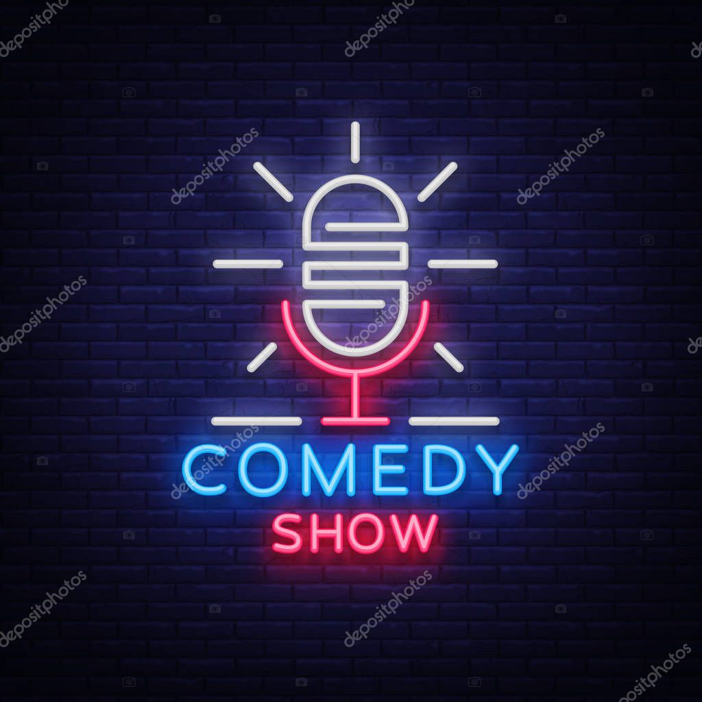 Comedy Show Stand Up invitation is a neon sign. Logo, Emblem Bright flyer, light poster, neon banner, brilliant night commercials advertisement, card, postcard. Vector illustration.
