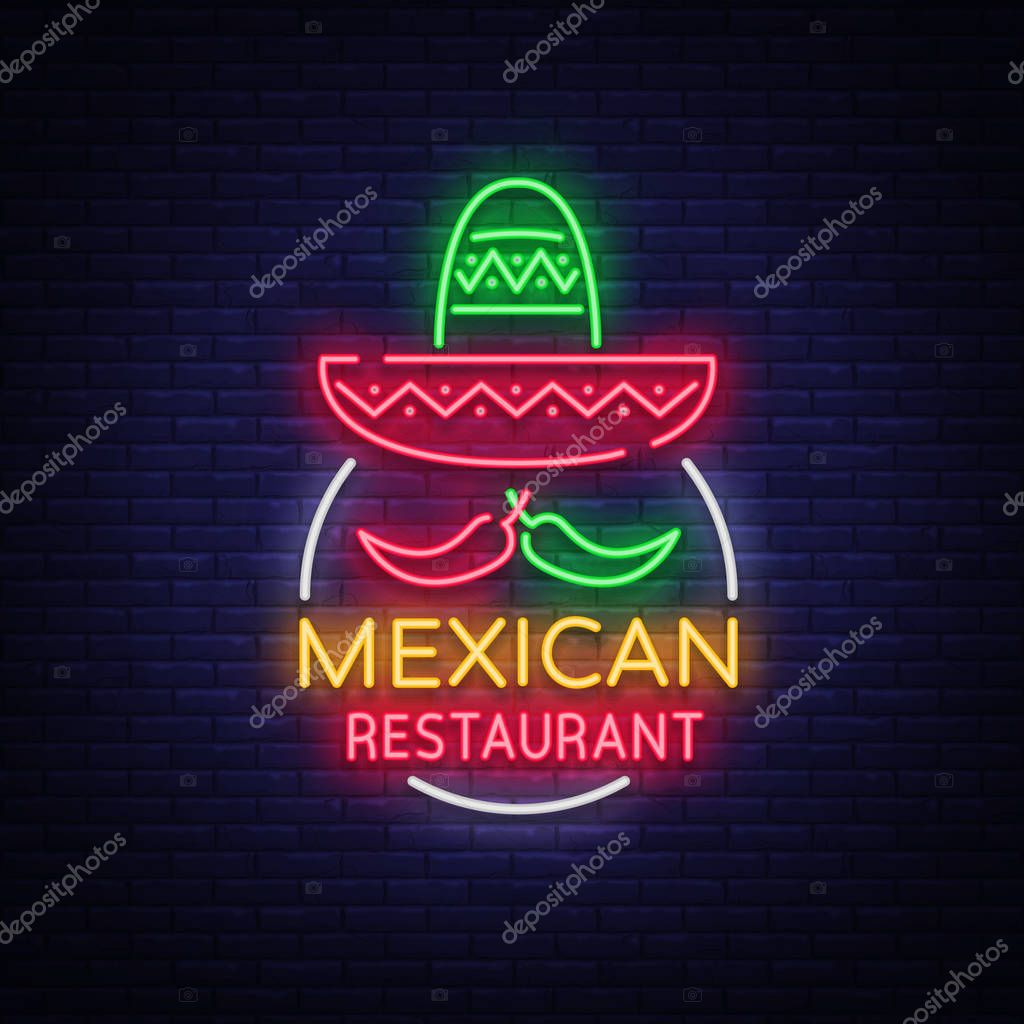 Mexican restaurant is a neon sign. Bright glow sign, neon banner, luminous logo, symbol, nightly advertisement of Mexican food. Design a template for your projects. Vector illustration.