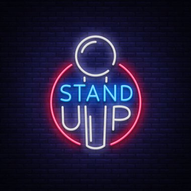 Logo Neon tarzı ayağa kalk. Komedi show neon işaret, sembol, bir komedi performansı, parlak afiş, neon poster, projeleriniz için reklam nightlit bir davet var. Vektör çizim