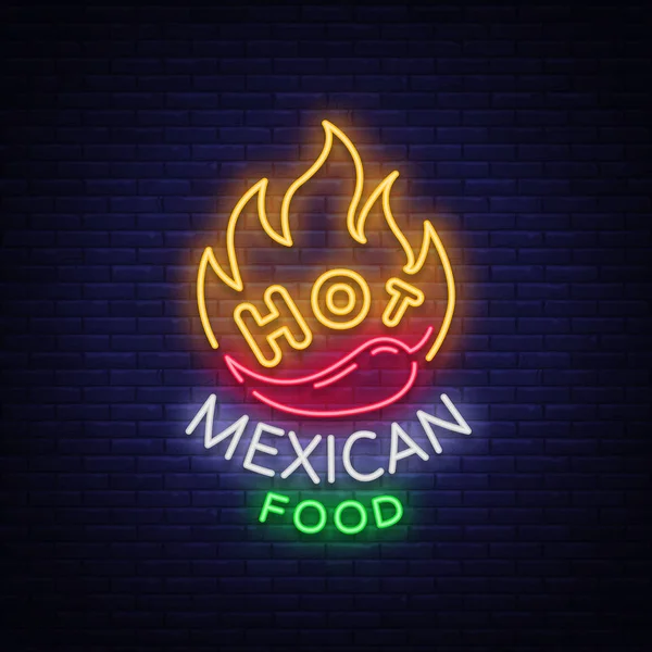 Logo makanan panas Meksiko dengan gaya neon. Tanda neon, desain templat untuk restoran Meksiko, kafe, bar. Spanduk bercahaya terang, iklan kehidupan malam, papan iklan neon. Ilustrasi vektor - Stok Vektor