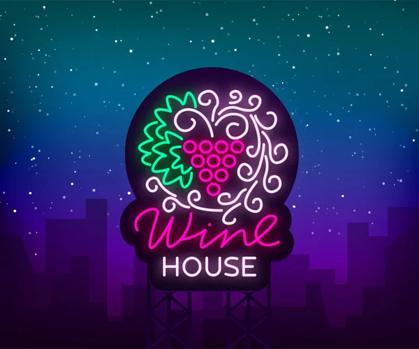 Şarap evi tasarlamak süsleme çerçeve ile bir moda neon tarzı. Logo, rozet parlayan afiş. Menü, bar, Restoran, şarap listesi, şarap evi, şarap etiket, üzüm, şarap için. Vektör çizim — Stok Vektör
