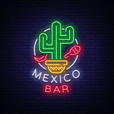 Neon-stil logosu Meksika çubuktur. Neon tabela, Meksika yemeği tasarım şablonu. Parlak parlayan afiş, gece hayatı reklam, neon billboard. Vektör çizim