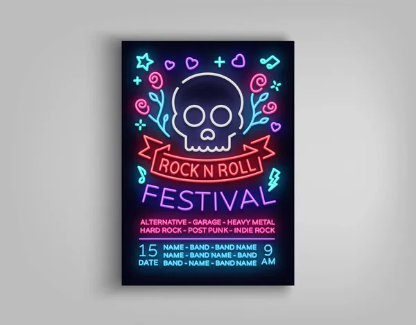 Cartel del festival de rock en estilo neón. Signo de neón, una invitación al folleto de conciertos sobre música roknrol, pancarta de luz brillante, volante para festivales, fiestas y conciertos. Ilustración vectorial — Vector de stock