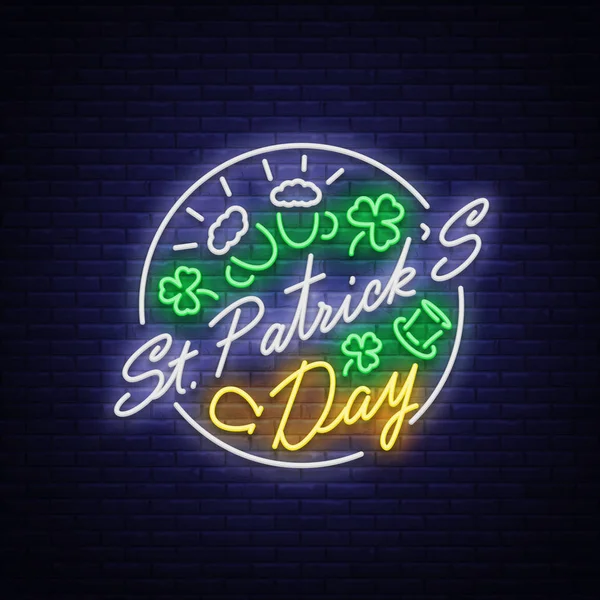 Il giorno di San Patrizio e 'un segno al neon. Simbolo, logo con birra, banner al neon, design luminoso in stile neon, illustrazione festiva per biglietto di auguri, volantino, invito, festa. Illustrazione vettoriale — Vettoriale Stock