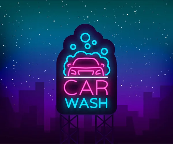 Logo de lavage de voiture design vectoriel dans le style néon illustration vectorielle isolé. Modèle, concept, icône de panneau lumineux sur un thème de lavage de voiture. Bannière lumineuse — Image vectorielle