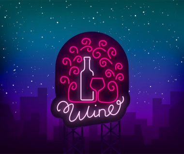 Kalıp logo bir moda neon tarzda şarap bar. Logo, rozet parlayan afiş. Menü çubuğu, Restoran, şarap evi, şarap etiket, üzüm, şarap için. Vektör çizim