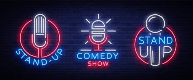 Komedi Show Stand Up neon davet topluluğu imzalar. Logo, amblem parlak el ilanı, ışık poster, neon afiş, gece parlak reklam reklam, kartı, kartpostal ayarlayın. Vektör çizim