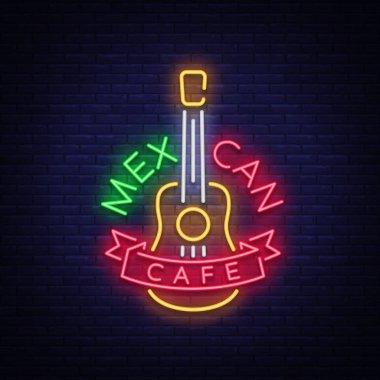 Meksika Cafe neon işarettir. Parlak parlayan işaret, neon afiş, aydınlık logo, sembol, Meksika yemeği her gece reklam. Senin projeler için bir şablon tasarlayın. Vektör çizim