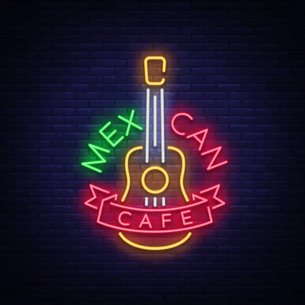 Kafe Meksiko adalah lampu neon. Tanda cahaya terang, spanduk neon, logo bercahaya, simbol, iklan malam makanan Meksiko. Desain templat untuk proyek Anda. Ilustrasi vektor - Stok Vektor