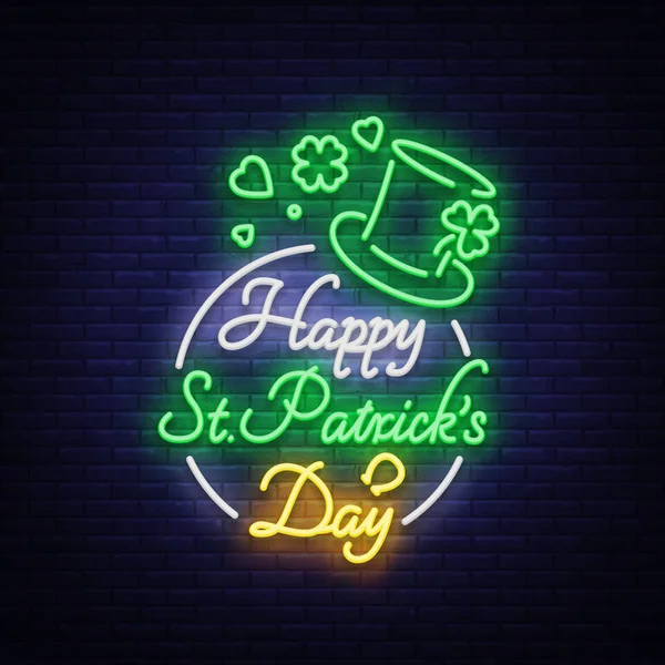 Happy St. Patricks Day Illustrazione vettoriale in stile neon. Insegna al neon, biglietto di auguri, cartolina, striscione al neon, pubblicità notturna luminosa, volantino. Un invito a celebrare il giorno di San Patrizio — Vettoriale Stock