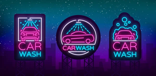 Logo de lavage de voiture ensemble vectoriel design dans l'illustration vectorielle de style néon isolé. Modèle, concept, icône de panneau lumineux sur un thème de lavage de voiture. Bannière lumineuse — Image vectorielle