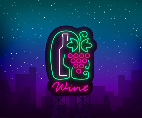 Enoteca logo Template in stile neon alla moda. Logo, stendardo luminoso. Per il menu, bar, ristorante, carta dei vini, cantina, etichetta, cantina. Illustrazione vettoriale — Vettoriale Stock