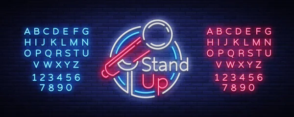 Stand Up Comedy Show es un letrero de neón. Logotipo de neón, bandera luminosa brillante, póster de neón, publicidad nocturna brillante. Levántate. Invitación al programa de comedia. Vector. Edición de texto signo de neón — Vector de stock