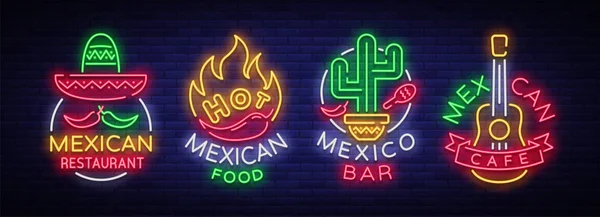 Il cibo messicano è una raccolta di segni al neon. Luminoso cartello luminoso, banner al neon, logo luminoso, simbolo, pubblicità notturna del cibo messicano. Modello di design per ristorante, bar, caffè. Illustrazione vettoriale — Vettoriale Stock