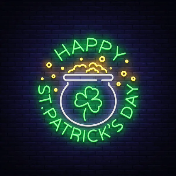 Happy St. Patricks Day Vector Illustration in Neon Style. Neon sign, greeting card, postcard, neon banner, bright night advertising, flyer. An invitation to celebrate St Patricks Day — Stock Vector