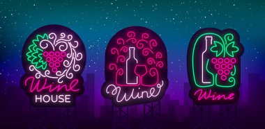 Şarap logolar trendy neon tarzı ayarlayın. Logo, neon parlayan afiş imzalar. Menü, bar, Restoran, şarap, şarap evi, şarap etiket, üzüm bağı şarapçılık parlak işareti. Vektör çizim