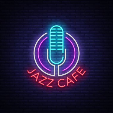 Jazz Cafe neon işarettir. Sembol, neon-stil logosu, parlak gece afiş, caz müzik Jazz Cafe, Restoran, bar, parti, konser için reklam aydınlık. Tasarım şablonu. Vektör çizim