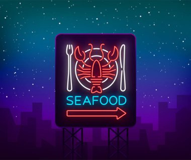 Deniz ürünleri neon logo simge vektör çizim. Istakoz amblem, levha, Restoran, kafe, bar deniz ürünleri ile gece işareti. Parlayan afiş, projeler için bir şablon