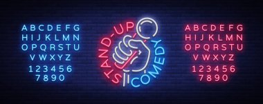 Komedi Stand Up Show bir neon tabela davettir. Logo, amblem parlak el ilanı, ışık poster, neon afiş, gece reklam reklam, kartı, kartpostal. Vektör çizim. Metin neon işareti düzenleme