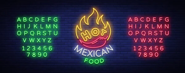 Mexican hot food logo in neon style. Neon sign, design template for Mexican restaurant, cafe, bar. Bright glowing banner, advertisement, neon billboard. Vector illustration. Editing text neon sign — Stock Vector