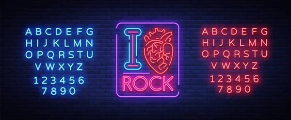 J'adore le rock. Panneau néon, bannière lumineuse, symbole, affiche sur le thème de la musique rock n roll, pour une fête, un concert, un festival, un festival musical. Illustration vectorielle. Montage de texte néon signe — Image vectorielle