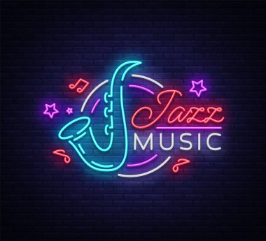 Caz müzik bir neon işarettir. Sembol, neon-stil logosu, parlak gece afiş, caz müzik Jazz Cafe, Restoran, bar, parti, konser için reklam aydınlık. Tasarım şablonu. Vektör çizim