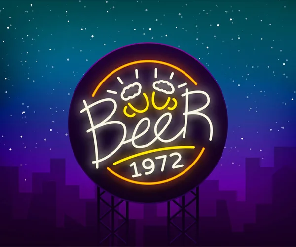Øl Neon Sign logo, etikett, emblem vektor illustrasjon, design emblem i neon stil. Lysende skilt, glødende fane. Nattannonsering. Billboard – stockvektor
