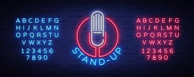 Komedi Stand Up Show bir neon tabela davettir. Logo, amblem parlak el ilanı, ışık poster, neon afiş, gece reklam reklam, kartı, kartpostal. Vektör çizim. Metin neon işareti düzenleme