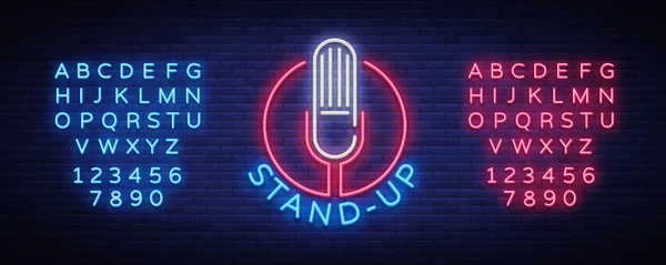 Comedy Show Stand Up Einladung ist eine Leuchtreklame. Logo, Emblem heller Flyer, Lichtposter, Leuchtbanner, Nachtwerbung, Karte, Postkarte. Vektorillustration. Bearbeiten von Text Leuchtreklame — Stockvektor