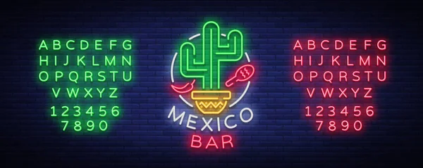 Mexican bar jest logo neon styl. Neon znak, szablon projektu w kuchni meksykańskiej. Bright świecące banner, reklama klubów nocnych, neon billboard. Ilustracja wektorowa. Edycja tekstu neon znak — Wektor stockowy