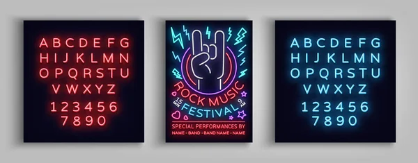 Rock festival affisch i neon stil. Neonskylt, inbjudan till konsert broschyren på roknroll musik, ljusa banner, reklamblad för festivaler, fester, konserter. Vektorillustration. Redigera text neonskylt — Stock vektor