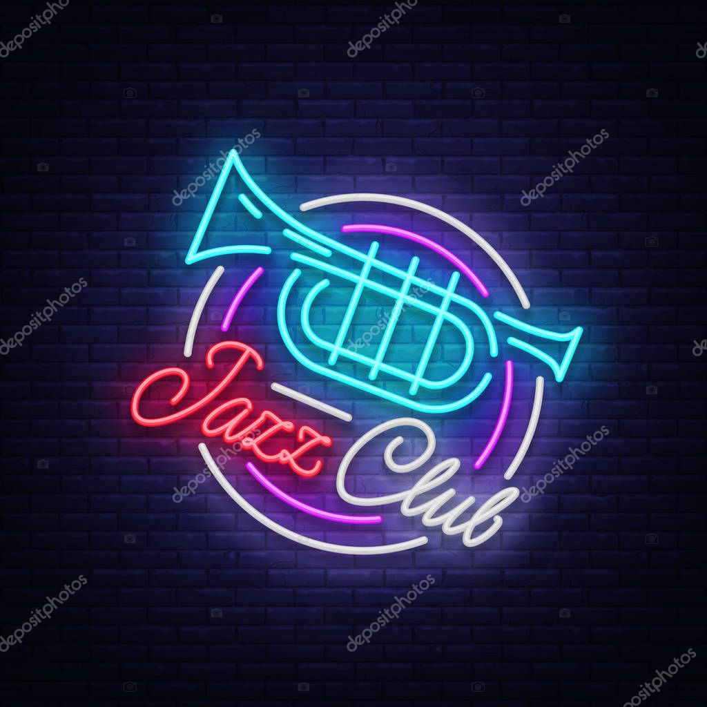 Jazz Club Neon Vector. Neon sign, Logo, Brilliant Banner, Bright Night Advertising for your projects on Jazz Music. Live music.