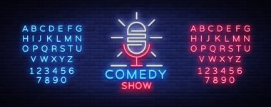 Logo Neon tarzı ayağa kalk. Komedi göstermeleridir neon işaret, sembol, bir komedi performansı, parlak afiş, neon poster, davete nightlit reklam. Vektör çizim. Metin neon işareti düzenleme