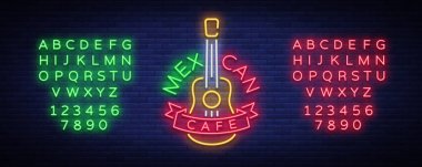 Meksika Cafe neon işarettir. Parlak parlayan işaret, neon afiş, aydınlık logo, sembol, Meksika yemeği her gece reklam. Bir şablonu tasarlayın. Vektör çizim. Metin neon işareti düzenleme