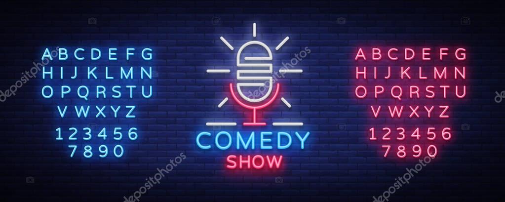 Stand Up Logo in Neon Style. Comedy show is neon sign, symbol, an invitation to a comedy performance, bright banner, neon poster, nightlit advertising. Vector illustration. Editing text neon sign.