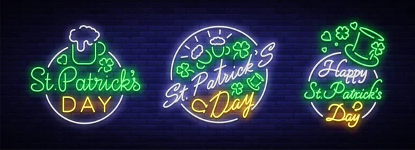 St Patricks Day is collection of neon signs. Character collection, logo with beer, neon banner, vivid design in neon style, Festive illustration for greeting card, flyer, party. Vector illustration — Stock Vector