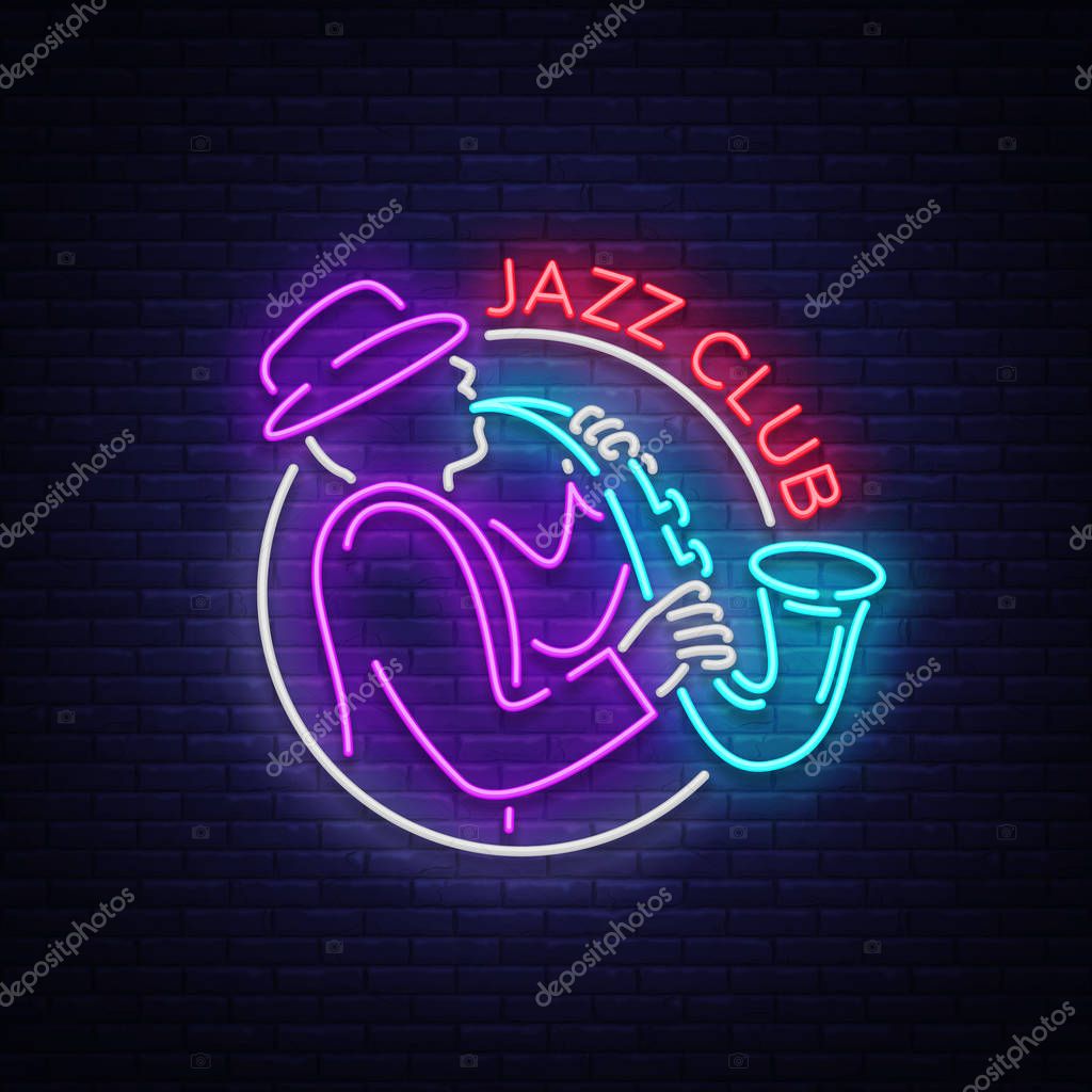 Jazz Club Neon Vector. Neon sign, Logo, Brilliant Banner, Bright Night Advertising for your projects on Jazz Music. Live music.