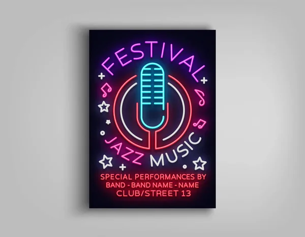 Caz müzik festivali tasarım şablonu tipografi Neon tarzı. Parlak reklam, neon tabela, parti el ilanı davetiye, Festivali, caz müziği konseri. Vektör çizim — Stok Vektör