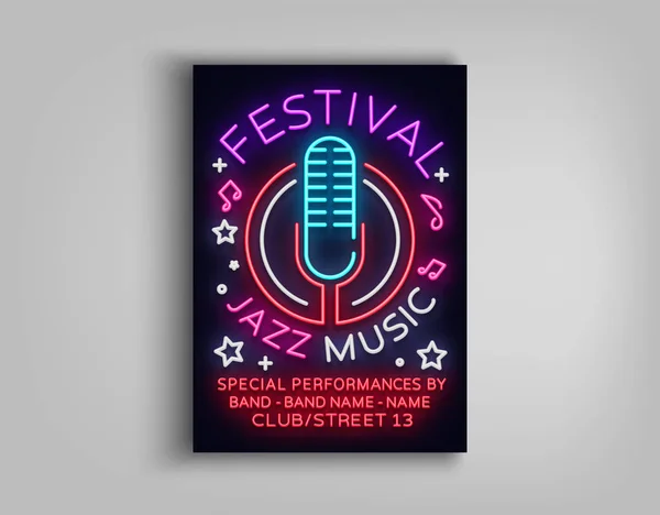 Jazz Music Festival Design Template Typographie dans le style néon. Neon Sign, Bright Advertising, Flyer Invitation to the Party, Festival, Jazz Music Concert. Illustration vectorielle — Image vectorielle