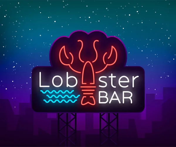 Lobster neon logo ikon vektor ilustrasi. Emblem, papan neon untuk restoran, kafe dengan makanan laut. Glowing banner, sebuah template untuk proyek-proyek Anda. Billboard - Stok Vektor