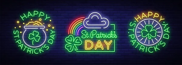 Happy St. Patricks ensemble de jour d'illustrations vectorielles dans un style néon. Neon signe collection, carte de vœux, carte postale, bannière néon, flyer publicitaire lumineux. Une invitation à célébrer la St Patricks Day — Image vectorielle