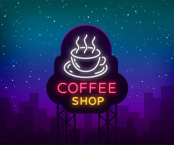 Kaffe neon skylt logotypen vektorillustration, emblem i neon stil, ljusa natten tecken, natt annonseringen av kaffe. Billboard — Stock vektor