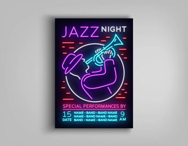 Caz müzik festivali tasarım şablonu tipografi Neon tarzı. Parlak reklam, neon tabela, parti el ilanı davetiye, Festivali, caz müziği konseri. Vektör çizim