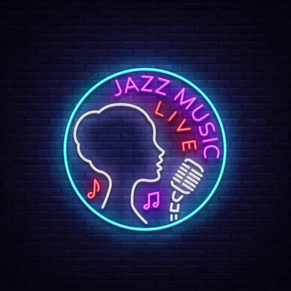 Jazz music adalah sebuah logo gaya neon. Simbol tanda neon, lambang, panji cahaya, tanda bercahaya. Bright Neon Night Advertising untuk Jazz Club, Cafe, Restaurant, Bar, Party. Ilustrasi vektor - Stok Vektor