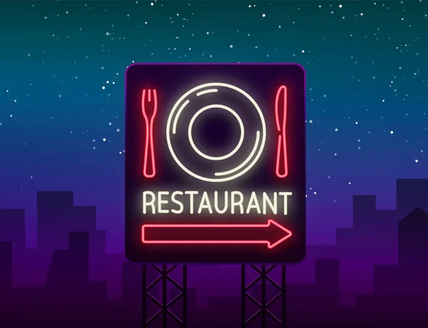 Логотип ресторана, знак, эмблема в неоновом стиле. Светящаяся вывеска, ночное яркое знамя. Светящаяся неоновая реклама ресторана, кафе-буфета и других заведений. Векторная иллюстрация. Билборд — стоковый вектор