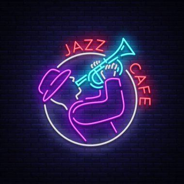 Jazz Cafe logo neon tarzı. Neon işareti simgesi, amblem, ışık afiş, ışıklı tabela. Parlak Neon gece reklam caz kulübü, kafe, Restoran, Bar, parti için. Vektör çizim