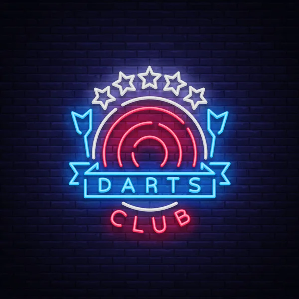 Logo del club di freccette in stile neon. Insegna al neon, Luminosa pubblicità notturna, insegna luminosa. Illustrazione di Vecton — Vettoriale Stock