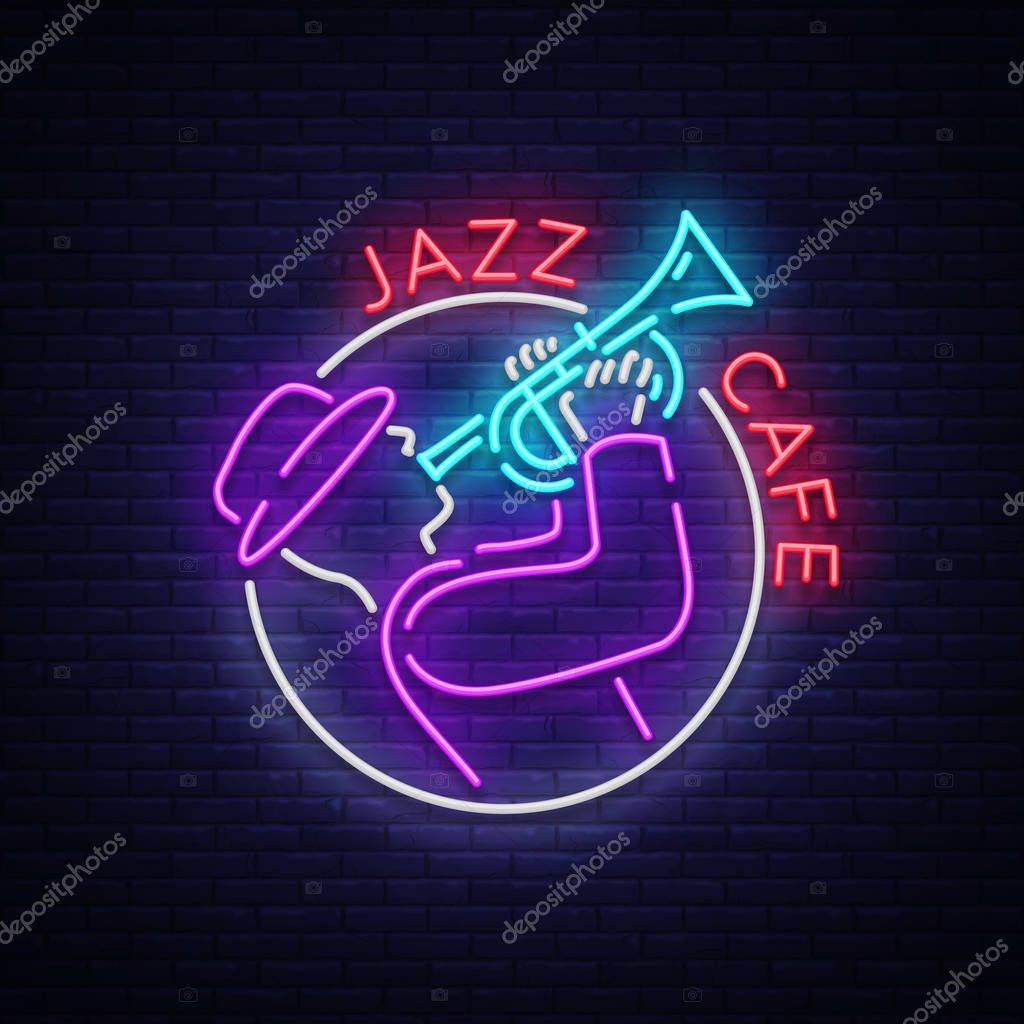 Jazz cafe logo in neon style. Neon sign symbol, emblem, light banner, luminous sign. Bright Neon Night Advertising for Jazz Club, Cafe, Restaurant, Bar, Party. Vector illustration.
